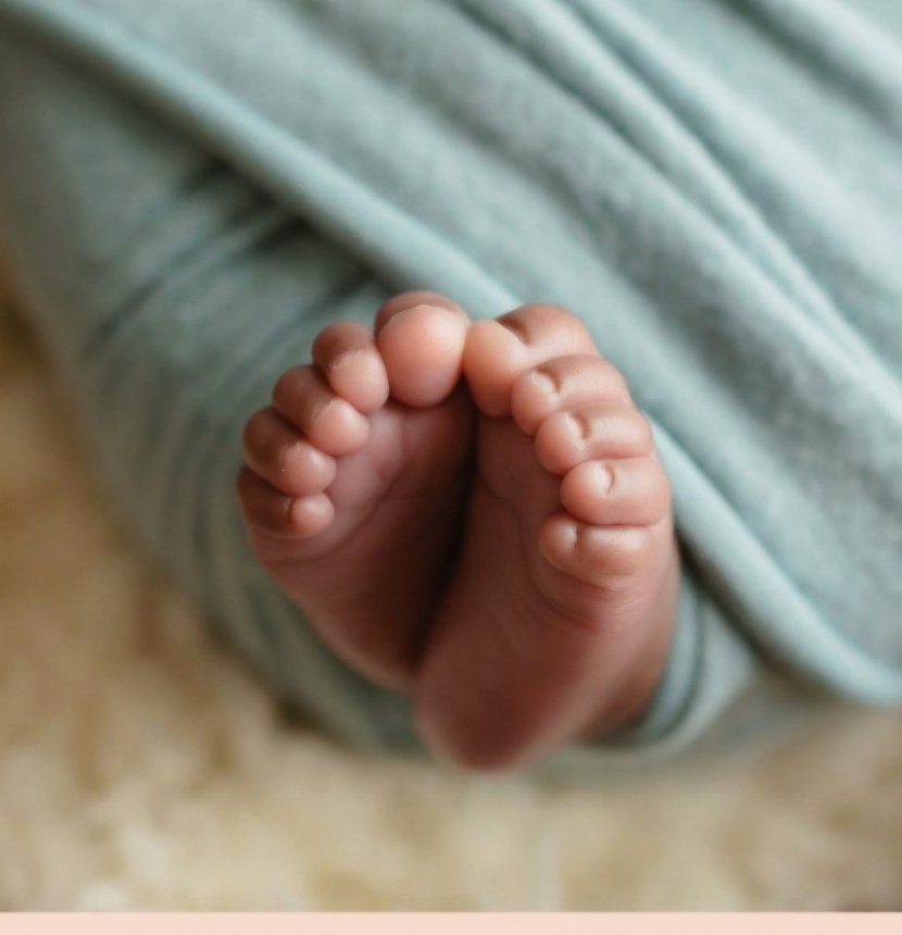 Tiny baby feet wrapped in a sage blanket